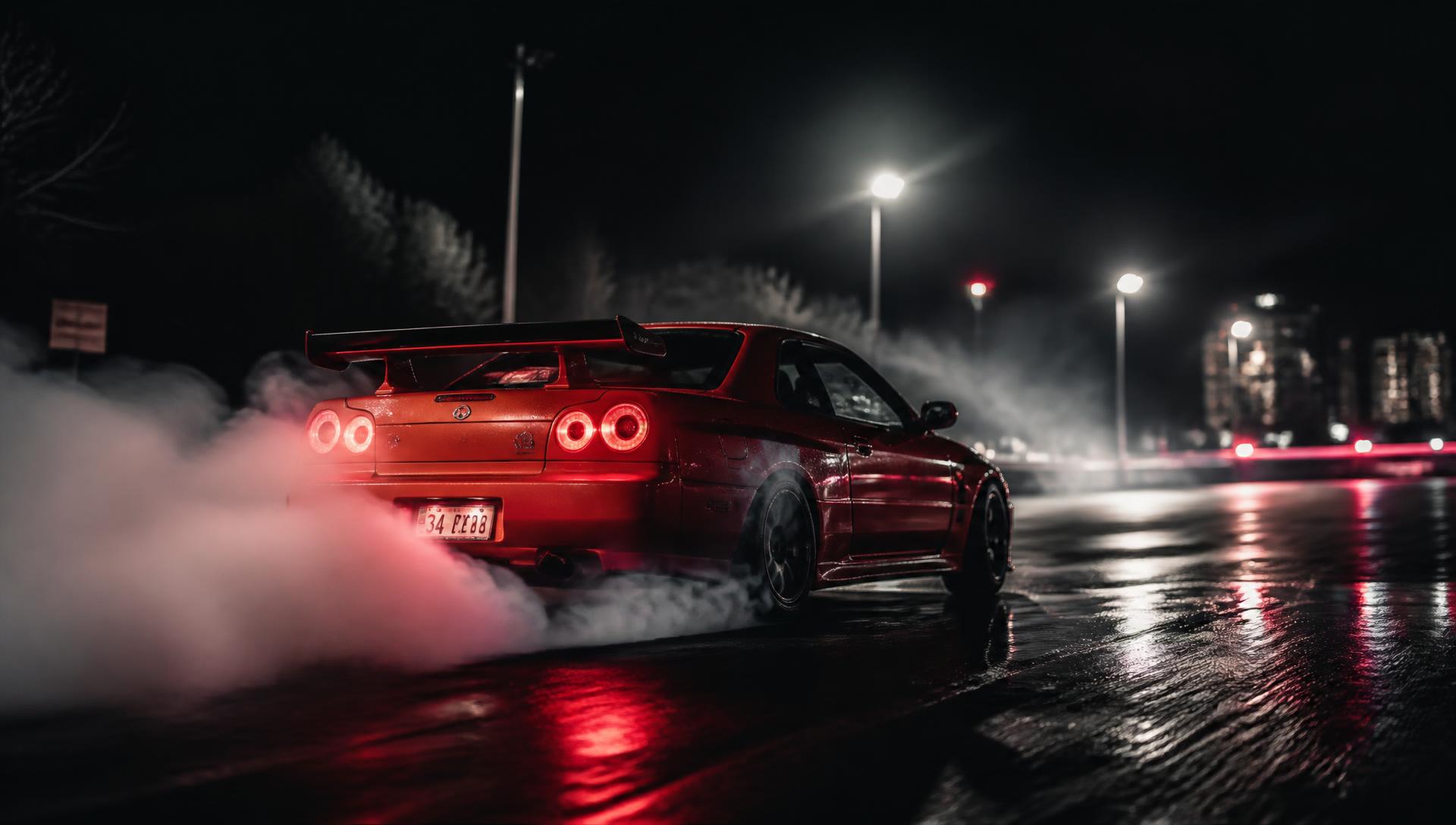 Car drifting at night with tire smoke lit by red lights