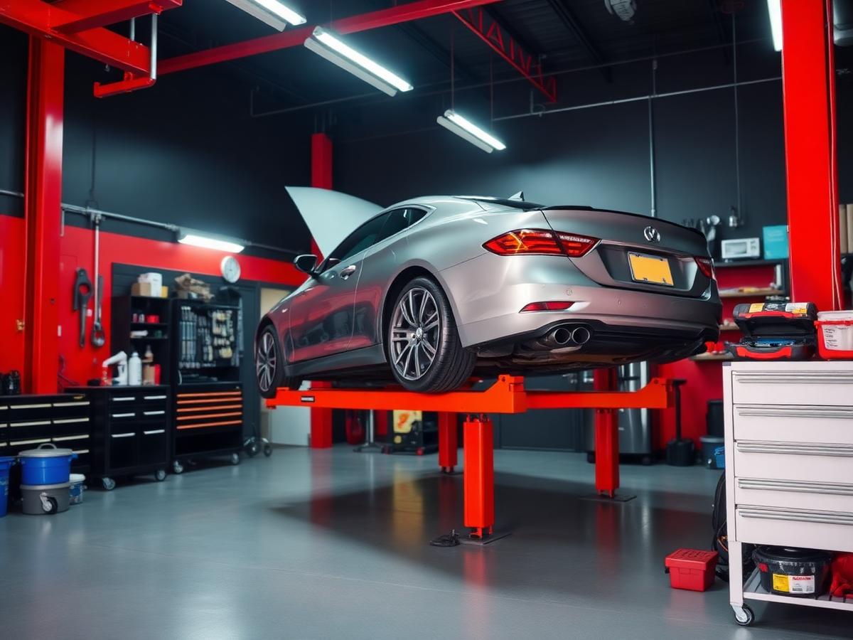 Car on a lift inside the Rev Customs shop